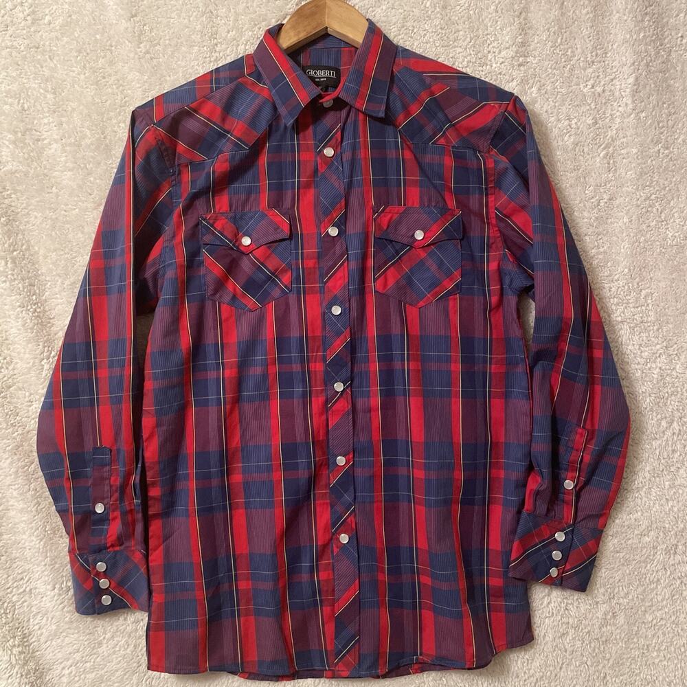 Gioberti Pearl Snap Shirt BOYS Size 16 Red/Blue Plaid LONG Sleeve
